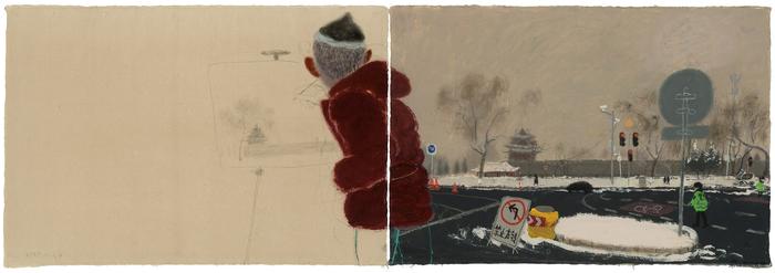 《我画角楼》,62.5 x 189cm,纸本丙烯、油画棒,2020
