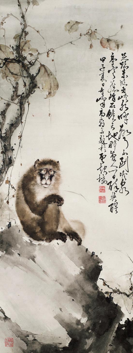 高奇峰 清猿图 立轴 设色纸本 1924年作 137×52 cm