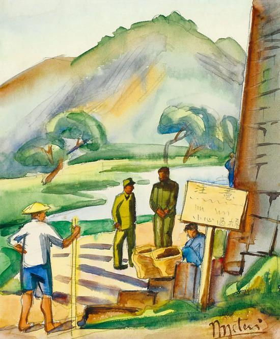 Lot.738 倪贻德 桥边 1943年 纸本水彩 23.5×19.5cm。 来源:直接征集自画家家属