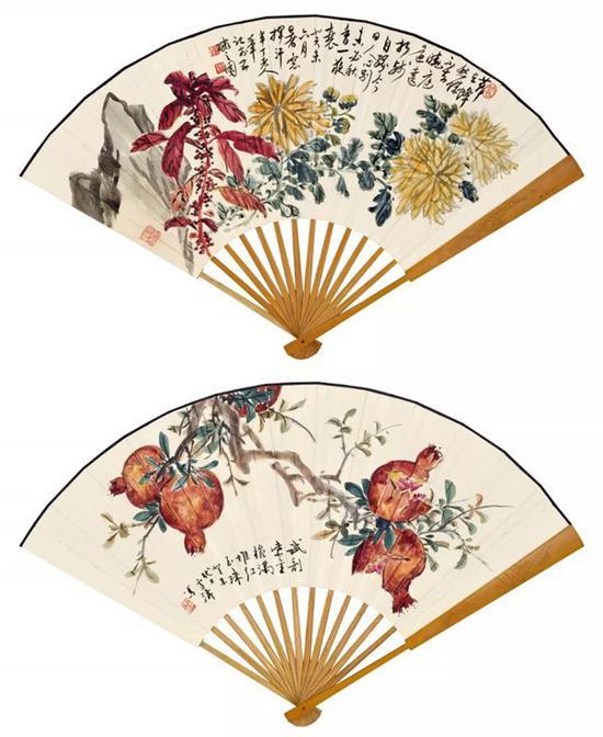 Lot 332 陈半丁(1876-1970) 雁来红菊花 王雪涛(1903-1982) 紫金碗中红玉珠 成扇 设色纸本 癸未(1943年)作