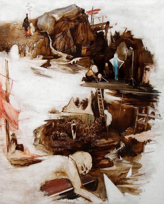 傅饶,Rao Fu, 随风, Follow Wind, 纸本沥青和油画, bitumen and oil on paper, 153 x 118cm, 2014