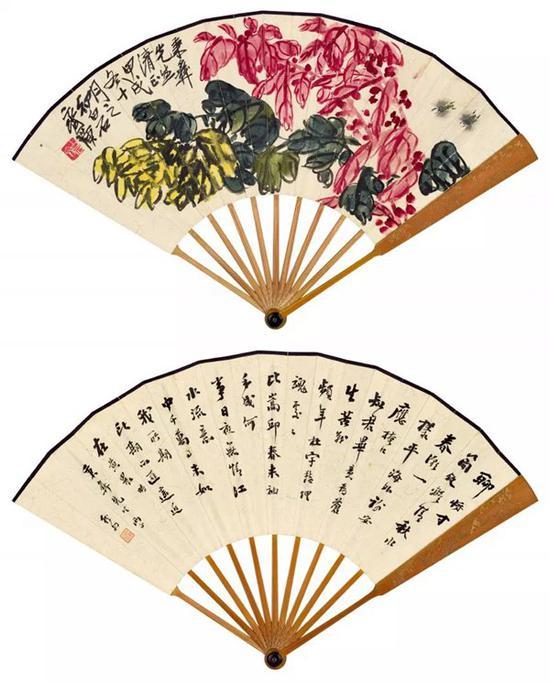 Lot 334 齐白石(1864-1957) 雁来红双蜂 徐 炯(1862-1936) 自作诗三首 成扇 设色发笺、水墨发笺