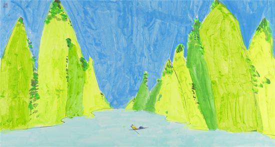 丁雄泉,千山行舟图,水墨 丙烯 宣纸,180x97cm 1990年代