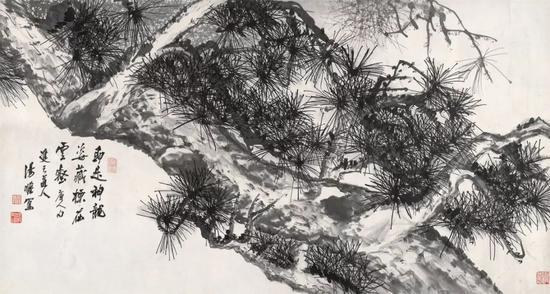 Lot099 汤涤(1878-1948) 云壑神龙 横披 水墨纸本 题识:即是神龙姿,藏标在云壑。唐人句。双于道人汤涤写。 钤印:琴隐曾孙、毗陵汤涤定之、茗闲堂、植身天地如苍松 68.5×128.9 cm。 约8平尺