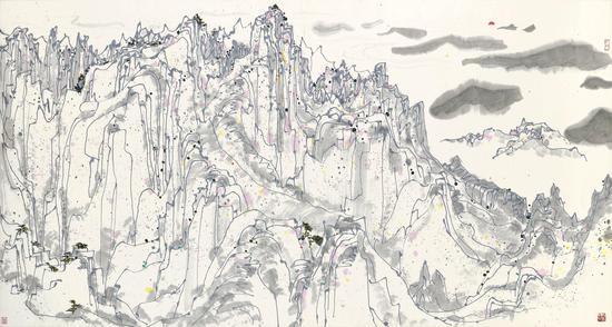 吴冠中《日照群峰》 设色纸本 镜框 一九八三年作 96 x 179公分 估价:1,200万 – 1,800万港元