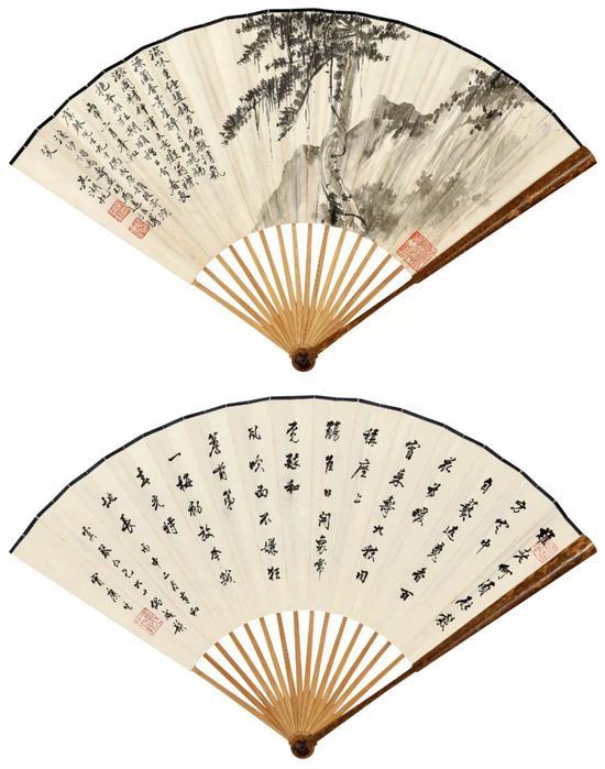 Lot423 吴湖帆(1894-1968) 如松之寿 冒广生(1873-1959) 自作诗《贺姚虞琴九十寿》 成扇 水墨纸本 丙申(1956年)作 正面: 滋味重经盐铁方,偏教清气澡兰香,景星醉月羽飞觞。潞国精神浑未老,痴翁襟抱本非狂,期颐指日介春长。丙申二月,奉和虞琴先生《九十偶成》原韵,改寄《浣溪纱》词为寿,并仿马远法博笑,吴湖帆。 钤印:吴湖帆印、倩盦画记、楼前芳草年年绿 背面: 难老何须辟穀方,定中自爇返魂香。百花为暖宵来寿,九秩同称座上觞。佳日开怀常觅醉,和风吹面不嫌狂。檐前第一梅初放,今岁春光特地长。丙申二月,奉和虞琴仁兄《九十偶成》韵,冒广生。 钤印:鹤亭八十四翁、美哉寿也 18.9×49 cm。 约0.84平尺