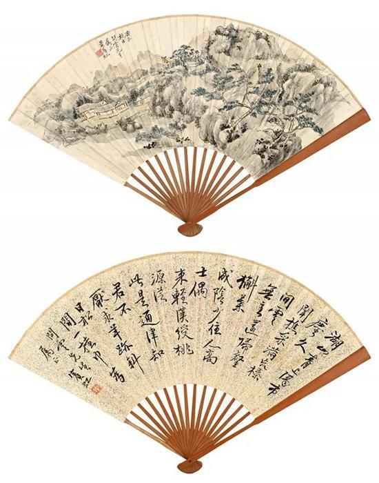 *Lot376 黄宾虹 书画合璧扇 成扇 设色纸本、水墨洒金笺 庚午(1930年)作