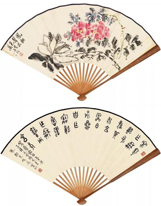 *Lot377 黄宾虹 书画合璧扇 成扇 设色纸本 甲申(1944年)作