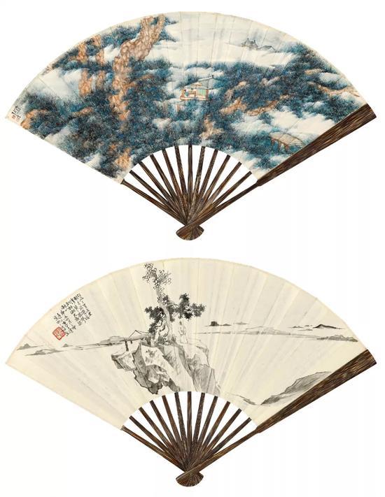 Lot511 李上达(1885-1949) 双面绘扇 成扇 设色纸本、水墨纸本 庚辰(1940年)作 正面:庚辰六月,达人李上达。 钤印:上达、五湖 背面: 江风三里五里,明月前湾后湾。瑟瑟霜声到枕,湘天夜染秋山。庚辰六月之望,达人李上达写于三近草堂。 钤印:五十岁后字达人 19.3×54.9 cm。 约0.96平尺