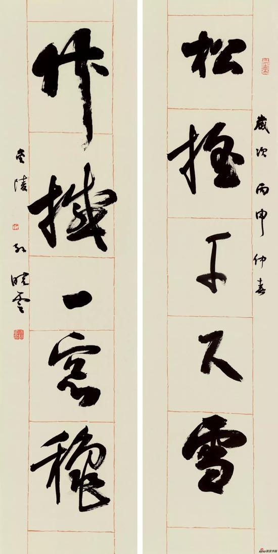 《松摇千尺雪 竹撼一窗秋》 134cm x 33cm x 2 ,2016年