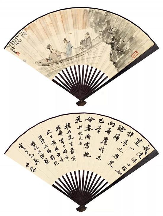 Lot 384 傅抱石(1904-1965) 赤壁舟泛 陈伯庄(1892-1960) 石涛《题桃花册》 成扇 设色纸本