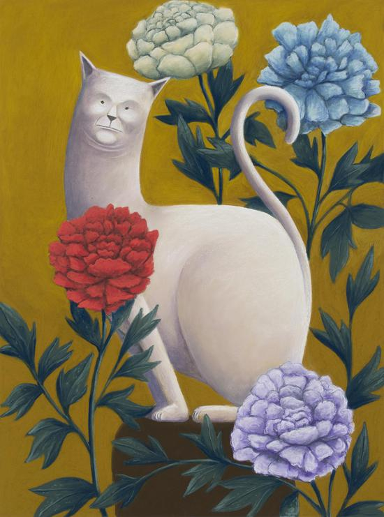 《猫与花》,2018,色粉,100 × 80 cm,由艺术家、kaufmann repetto画廊(米兰/纽约)及The Modern Institute/Toby Webster Ltd(格拉斯哥)惠允