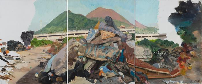 刘小东|Liu Xiaodong 《上火(三联画)》|Flame(Triptych) 布面油画 |Oil on canvas,250 × 600 cm,2008 ©艺术家和华艺国际拍卖