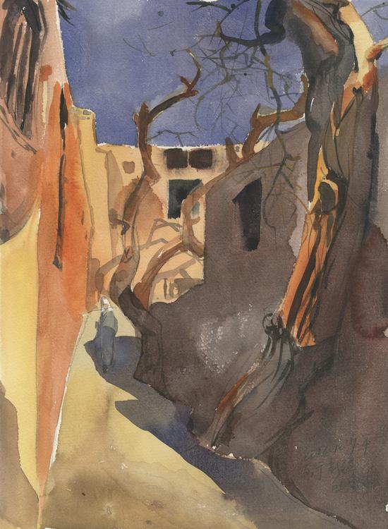 《吐鲁番村庄》2012年27.5x37.6cm,水彩171-96