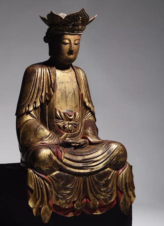 明 木雕漆金观音坐像 H:71cm