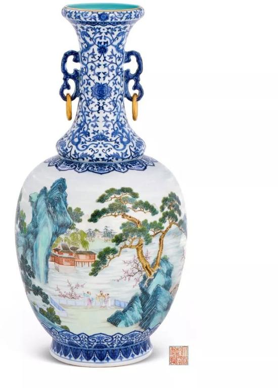 清乾隆 御制青花夹洋彩通景“桃花源”图双耳活环大瓶“大清乾隆年制”六字三行篆书款,乾隆本朝 高 55.2 cm