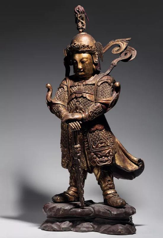 明 木雕漆金韦陀立像 H:120cm