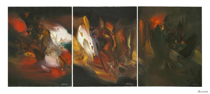 朱德群《旭日千里》 1979年作 油彩 画布(三联作),每联81 x 65 cm,全长81 x 195 cm