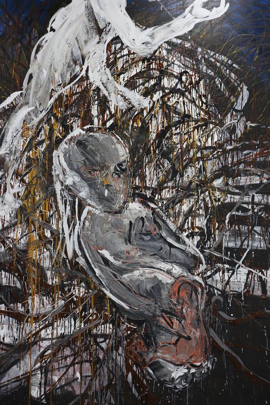 《肖像系列No.7》 综合材料 亚麻布、丙烯、墨 300×200 cm 2018