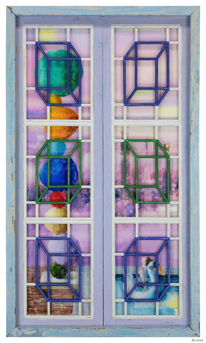 后窗·彩石,古董木窗、油彩、有机玻璃,157 × 92 × 10 cm,2021
