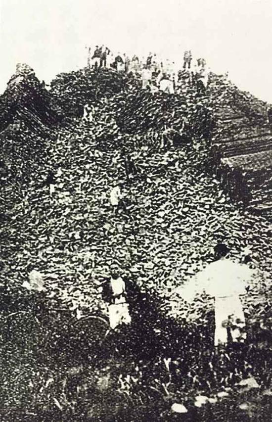 雷峰塔倒塌后的废墟现场。当时正住杭州的俞平伯记录下现场状况:“游人杂沓,填溢于废基之上,负砖归者甚多”