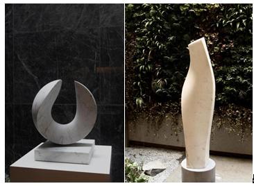 从左至右: 尼古拉贝杜(Nicolas Bertoux)环(Ring)⽩⾊卡拉⼤理⽯ 34x29x39cm @时代独白当代艺术作品群展 萨璨如(Cynthia Sah)运动中的⼏何(Geometry In Movement)30x36x149cm 40x40cm @时代独白当代艺术作品群展