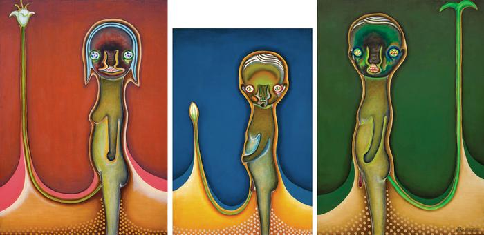 加藤泉《无题》 2003年作,油彩 画布(三联屏),227.3 x 162.1 cm; 194 x 130.3 cm; 227.3 x 162.1 cm