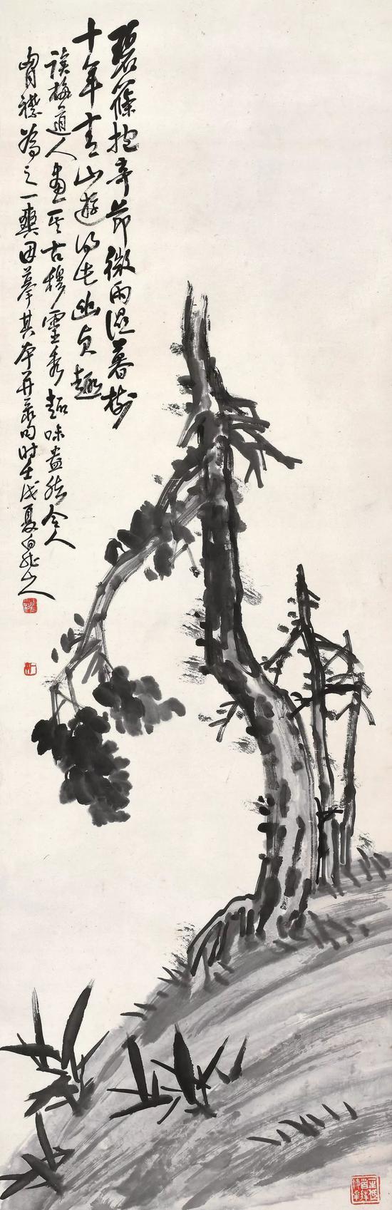 Lot357 王震(1867-1938) 幽柏碧筱 立轴 水墨纸本 壬戌(1922年)作 题识: 碧筱抱奇节,微雨湿暮树。十年青山游,得此幽贞趣。读梅道人画,其古穆灵秀、趣味盎然,令人胸襟为之一爽,因摹其本并录句。时壬戌夏,白龙山人。 钤印:王震大利、一亭、一生低首拜梅花 出版: 《王一亭的使用印和书画》第73页,(日本京都)丸孙商店出版部,2016年1月 123.5×39.7 cm。 约4.4平尺