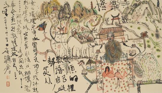 极乐寺 纸本设色 60×35cm 2017