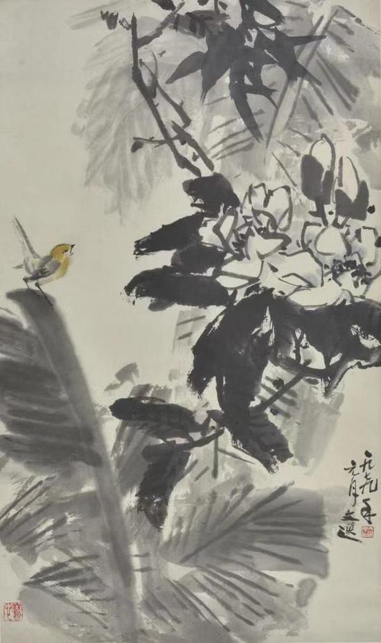 △255 汤文选《玉兰小鸟》 尺寸:83×48cm 约3.58平 纸本 立轴