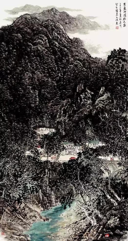 石大法作品《茶盘洲深幽人家》97cm×180cm