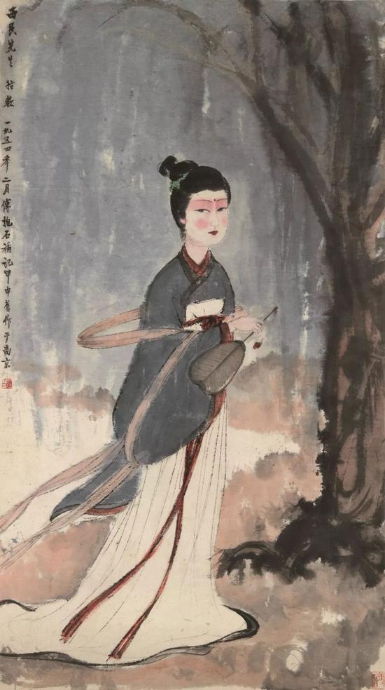 傅抱石 游春设色纸本 立轴114×58 cm