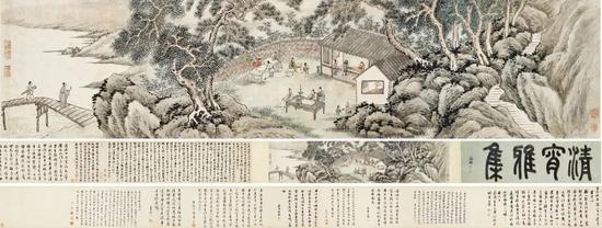 谢时臣 春宵雅集设色纸本 手卷 引 首 :30×100 cm 画心:29.6×127.5 cm 后纸:30×615 cm