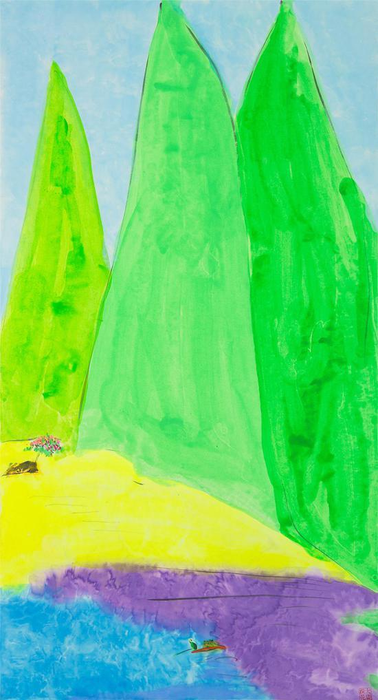 丁雄泉,春花紫水山景图,水墨 丙烯 宣纸,180x97cm, 1990年代