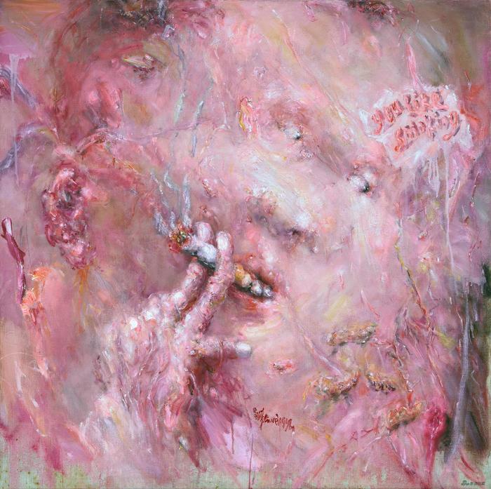 刘炜《你吸烟吗》 1998 年作,油彩 画布,100 x 100 cm(1)