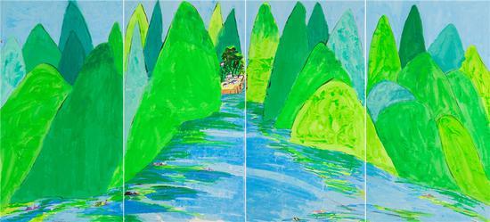 丁雄泉,渔水青山深居图 (四联屏),水墨 丙烯 宣纸,180x97.8cm x4 1980年代中期