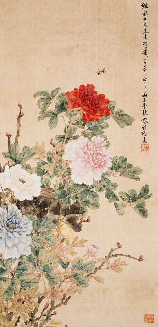 容祖椿 富贵蜂涌 设色绢本 镜框 82×40cm