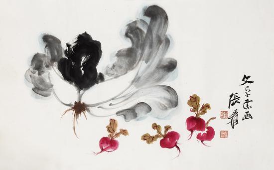 张大千 蔬果 设色纸本 镜片 27×46 cm 注:上款人王文卓为张大千弟子;附实寄封。