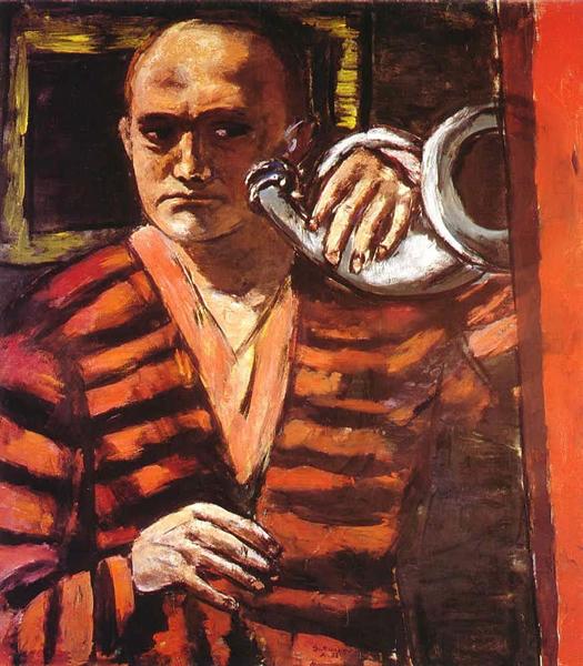 《吹号的自画像》(Self-Portrait with Horn),Max Beckmann,布面油画,1938年
