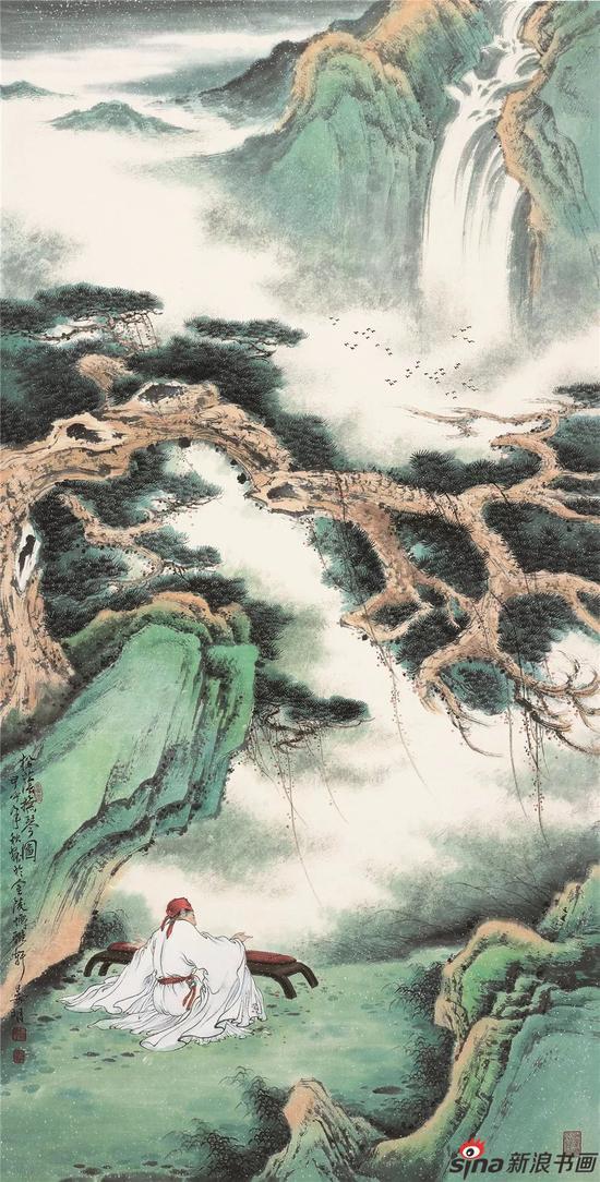 松荫抚琴图 136x68cm