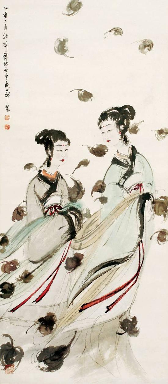 傅抱石 二湘图 设色纸本立轴 1945年作 尺寸:96 × 42 cm