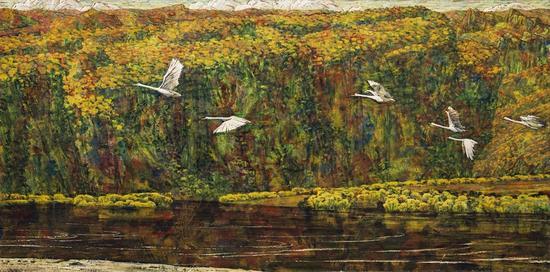 黑龙江金秋、1978年、麻布油画、82X165cm 1981四人作品联展
