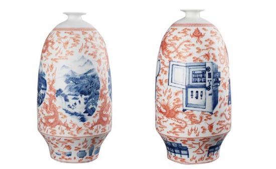 郝振瀚Hao Zhenhan,模仿,模仿-窑炉的革新Imitation,Imitation-The Kiln Revolution,瓷、青花、矾红Porcelain、Blue and white with iron red,41x25x25cm,2016