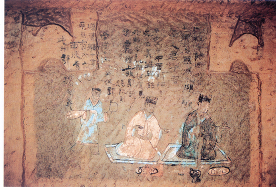 德阳市。照片。东汉崖墓彩色榜题浮雕壁画