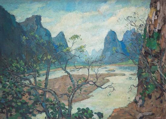 徐悲鸿 桂林山水 布面 油画 镜框 尺寸:51×74cm