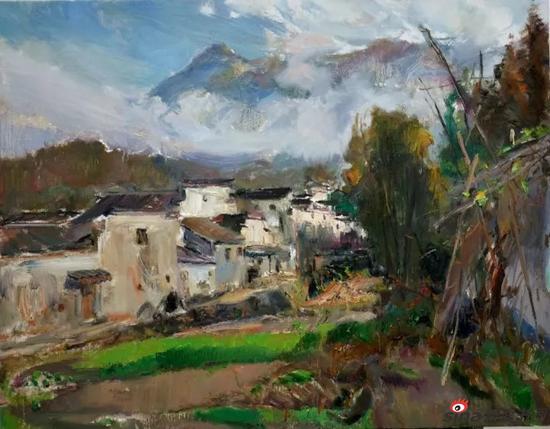 韩玉龙《云绕山村》 布面油画 70×90cm 2017