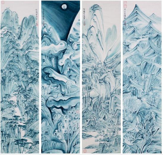 花青山水条屏 35X137CMX4 2015