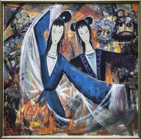 林风眠 宝莲灯 纸本 彩墨 镜框 尺寸:69×70cm