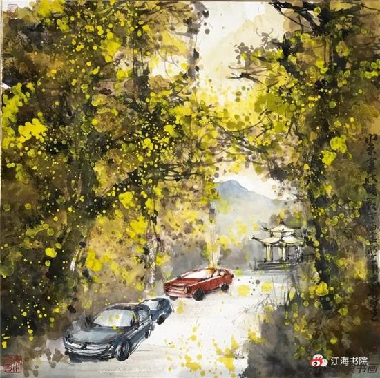安徽宣城水東鎮千年銀杏 48x48cm 2017彩墨寫生