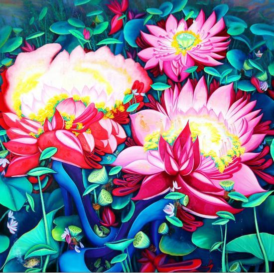 油画《万物生》释义:是天上燃烧的火焰 是人间蓬勃的莲 是自由行走的我和你